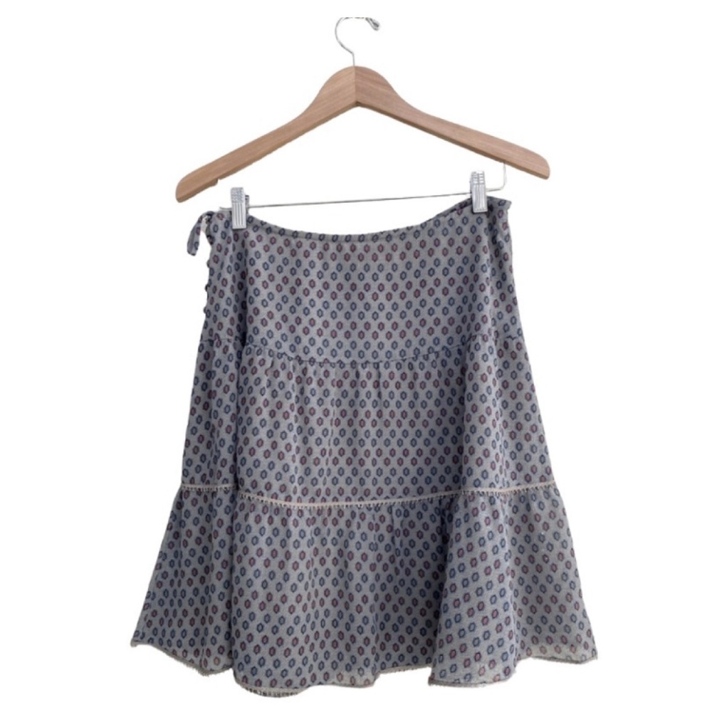 Free People Vintage Boho Red Blue Taupe Prairie Patterned Mid-Length Skirt SZ 7